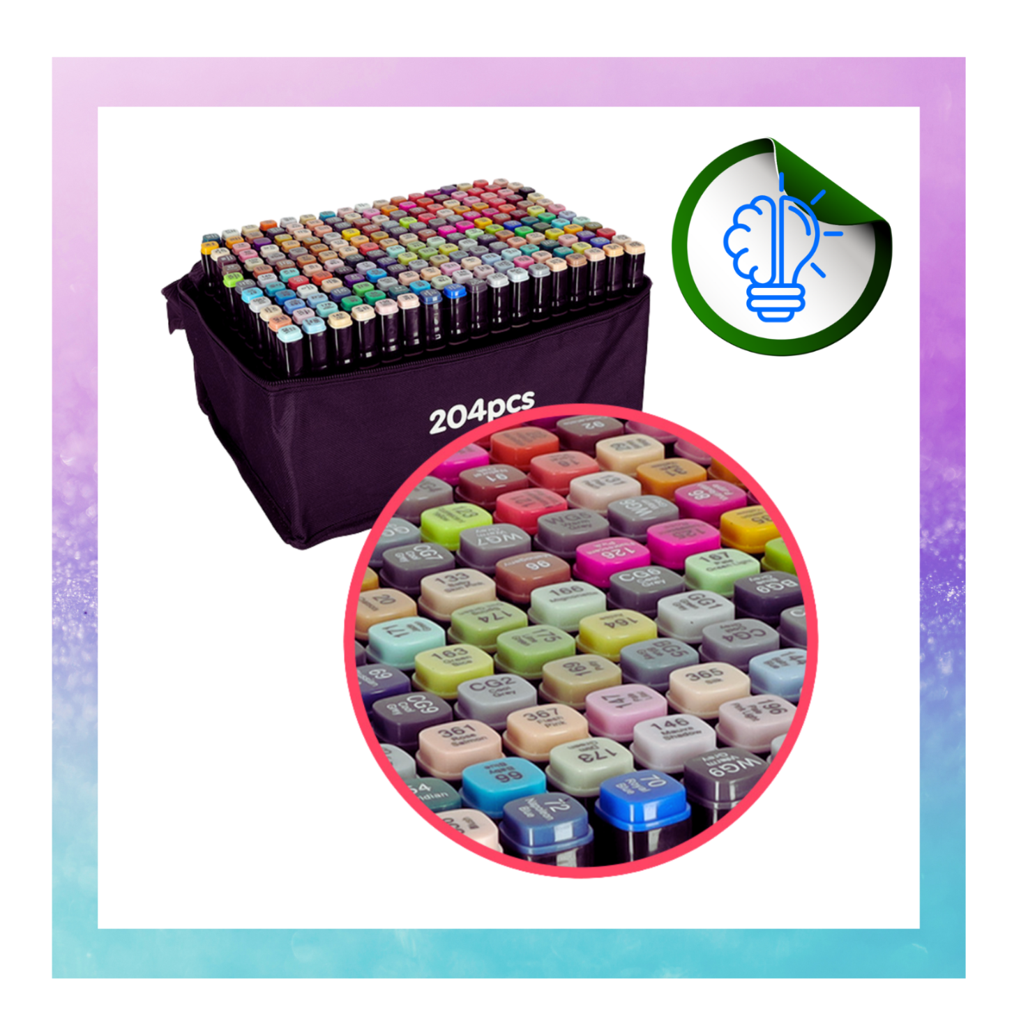 Na obrazie widoczny jest zestaw 204 dwustronnych markerów alkoholowych w czarnym etui z napisem \'204pcs\'. Obok znajduje się powiększenie pokazujące różnorodne kolory końcówek markerów.