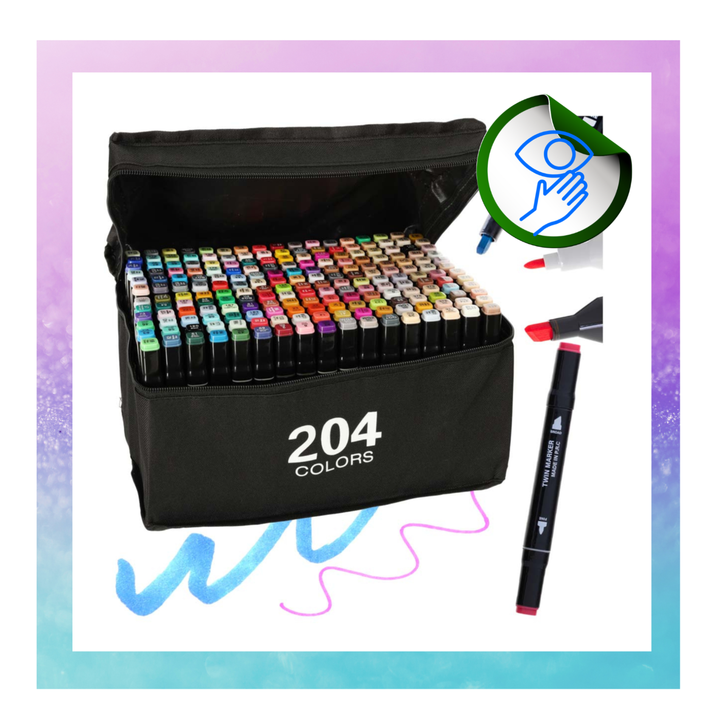 Na obrazie widoczny jest zestaw 204 dwustronnych markerów alkoholowych w czarnym etui z napisem \'204 COLORS\'. Obok etui znajdują się dwa markery oraz kolorowe linie w odcieniach niebieskim i różowym.