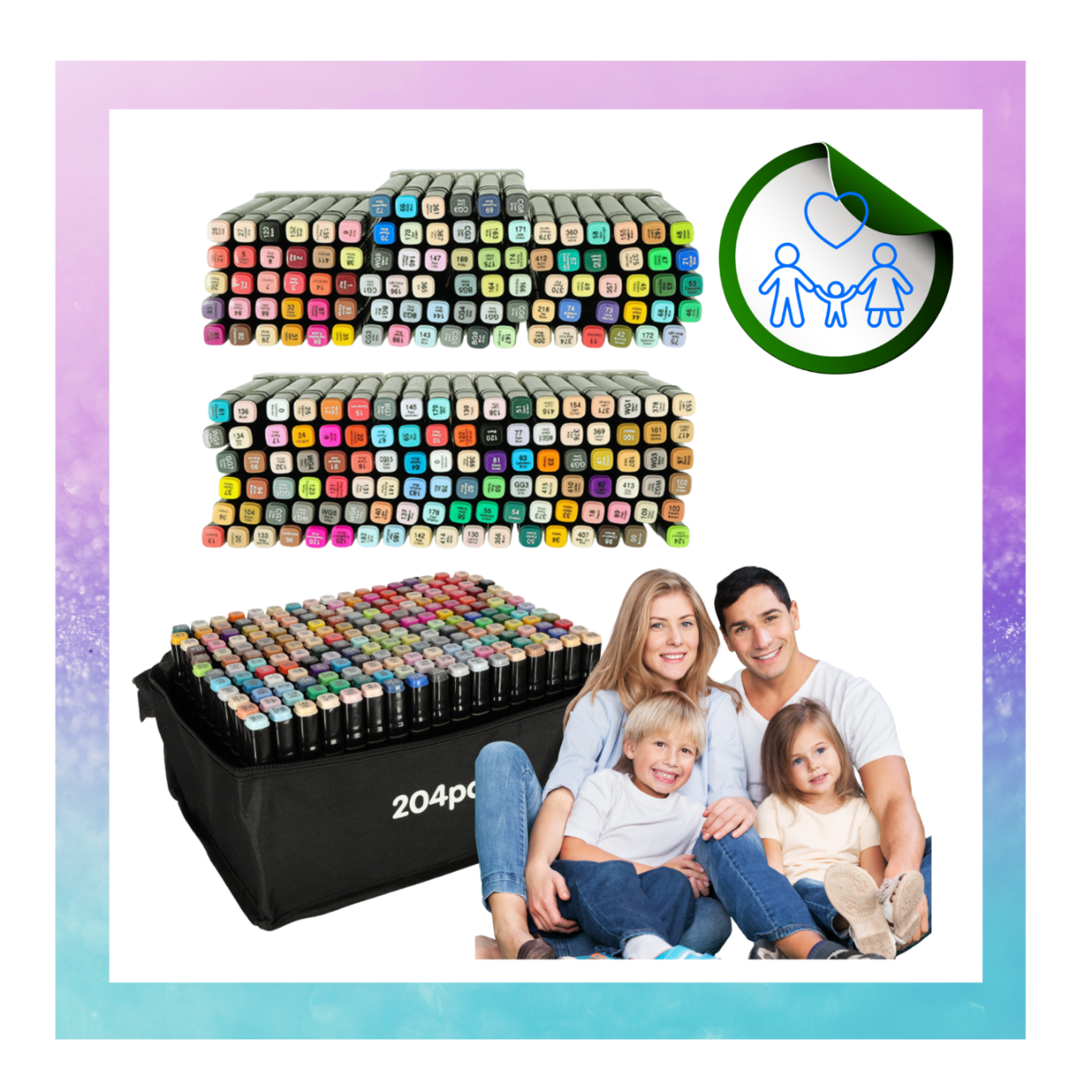 Na obrazie widoczne są trzy zestawy kolorowych markerów dwustronnych ułożonych w rzędach oraz czarne etui z napisem \'204pcs\'. Obok znajduje się grafika przedstawiająca rodzinę oraz symbol rodziny z sercem na zielonym tle.