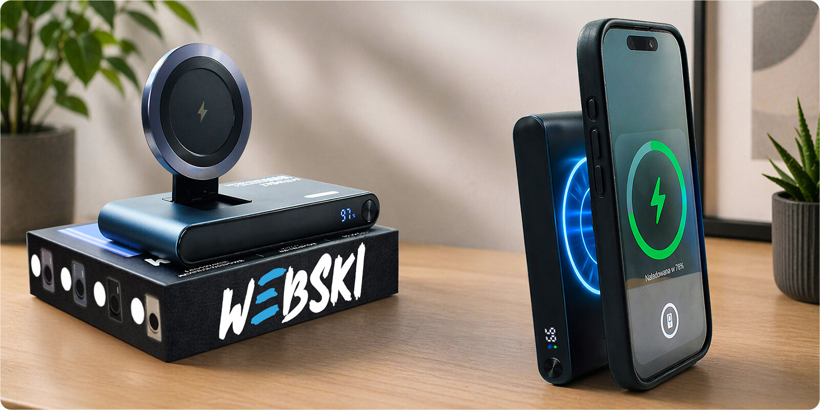 Na drewnianym stole znajduje się niebieski powerbank z funkcją MagSafe, na którym stoi smartfon z widoczną ikoną ładowania. Obok leży pudełko z napisem \'WEBSKI\'.