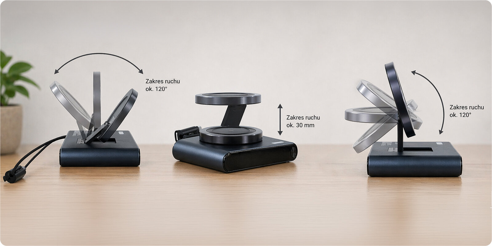 Na obrazie widoczny jest niebieski powerbank z funkcją MagSafe i statywem, prezentowany w trzech różnych pozycjach. Obok urządzenia znajdują się strzałki i teksty wskazujące zakres ruchu: \'Zakres ruchu ok. 120°\' oraz \'Zakres ruchu ok. 30 mm\'.
