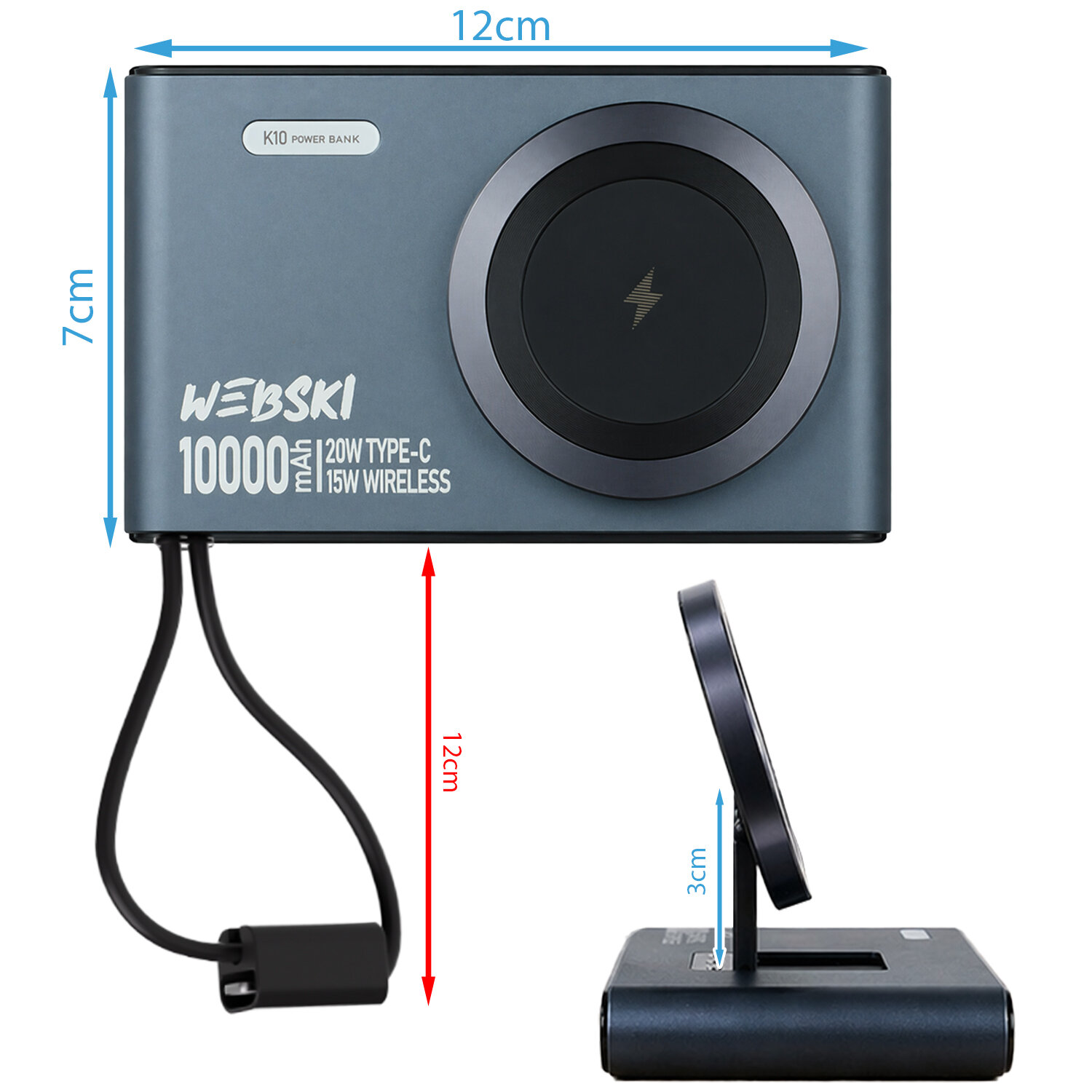 Na obrazie widoczny jest niebieski powerbank z funkcją ładowania indukcyjnego, oznaczony jako Webski K10, o pojemności 10000mAh. Na urządzeniu znajdują się napisy: \'K10 Power Bank\', \'WEBSKI\', \'10000 mAh\', \'20W TYPE-C\', \'15W WIRELESS\'.