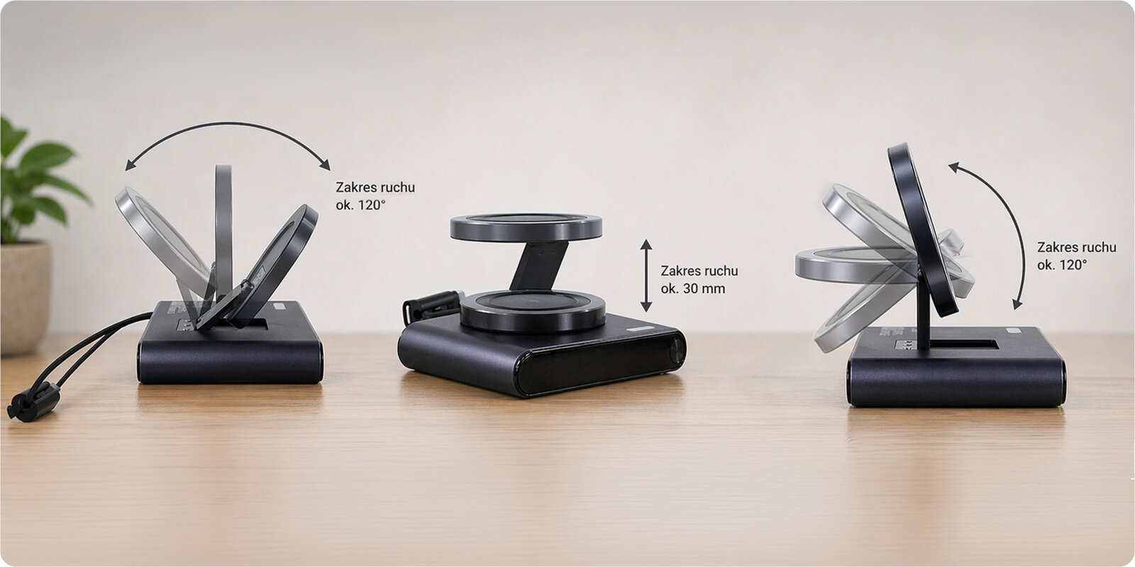 Na obrazie widoczny jest fioletowy powerbank z funkcją MagSafe i statywem, prezentowany w trzech różnych pozycjach. Obok urządzenia znajdują się strzałki z opisem \'Zakres ruchu ok. 120°\' oraz \'Zakres ruchu ok. 30 mm\'.