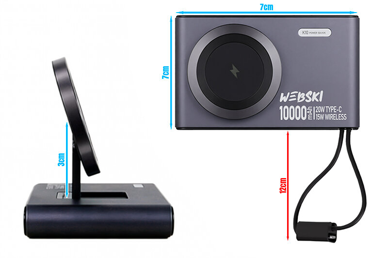 Na obrazie widoczny jest fioletowy powerbank z funkcją MagSafe i statywem, oznaczony jako Webski K10 10000mAh. Na urządzeniu znajdują się napisy: \'WEBSKI\', \'10000mAh\', \'120W TYPE-C\', \'15W WIRELESS\'.