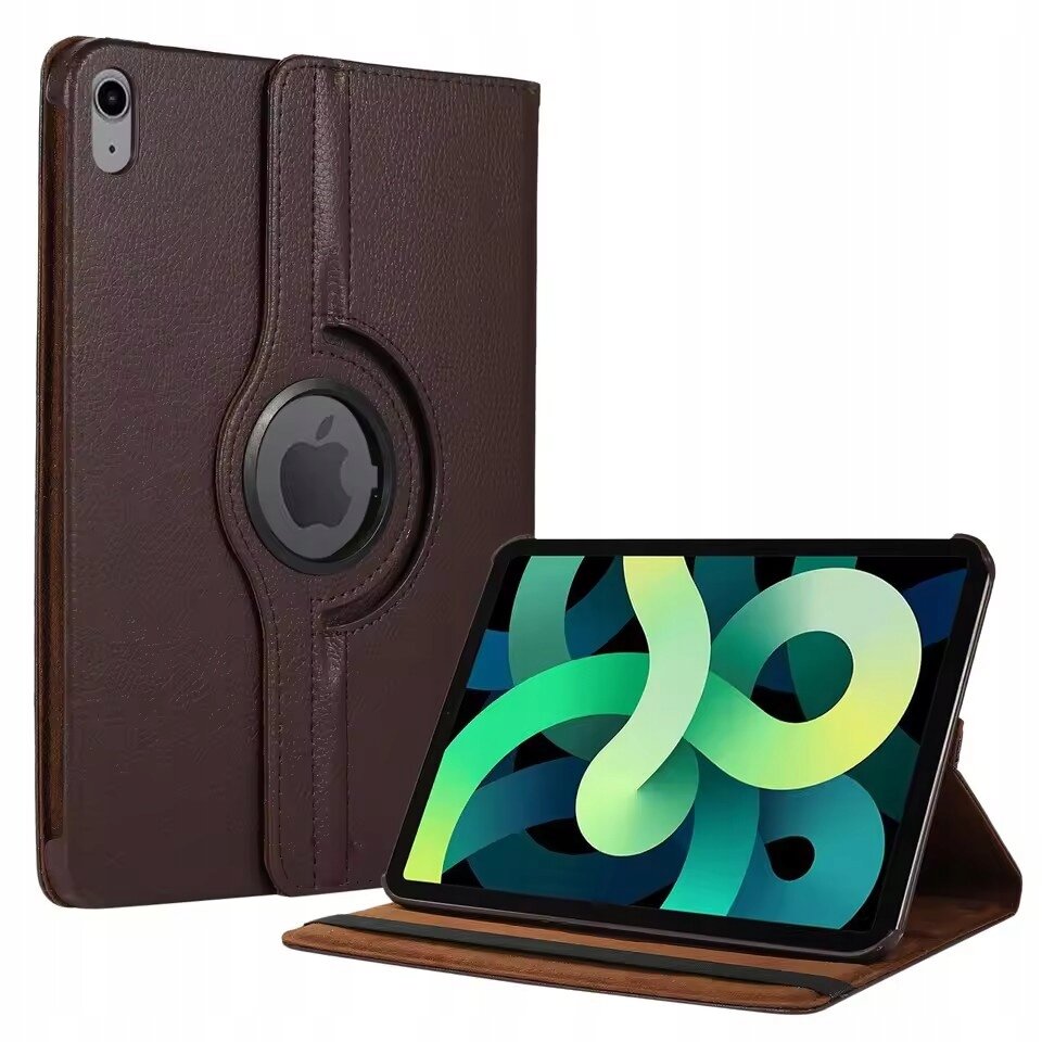 Obraz przedstawia brązowe etui do tabletu z funkcją obrotu 360 stopni, z widocznym logo w kształcie jabłka. Obok etui znajduje się tablet z kolorowym wyświetlaczem.