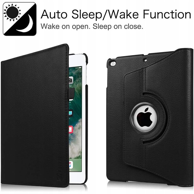 Czarne etui do tabletu z funkcją obrotu 360 stopni, widoczne z przodu i z tyłu. Na etui znajduje się logo w kształcie nadgryzionego jabłka oraz napis \'Auto Sleep/Wake Function. Wake on open. Sleep on close.\'