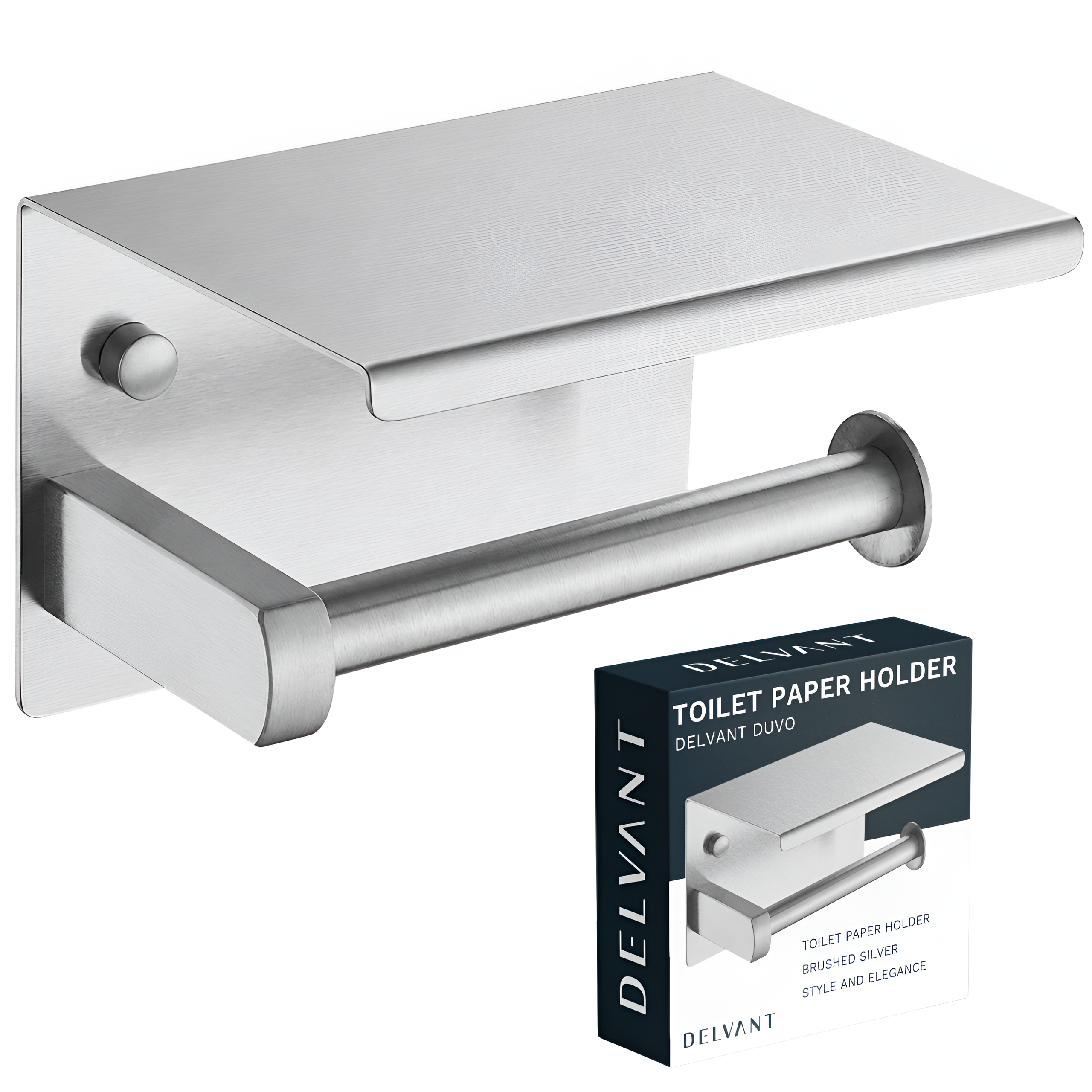 Metalowy uchwyt na papier toaletowy z półką w kolorze srebrnym szczotkowanym. Obok uchwytu znajduje się pudełko z napisem \'DELVANT TOILET PAPER HOLDER DELVANT DUVO BRUSHED SILVER STYLE AND ELEGANCE\'.