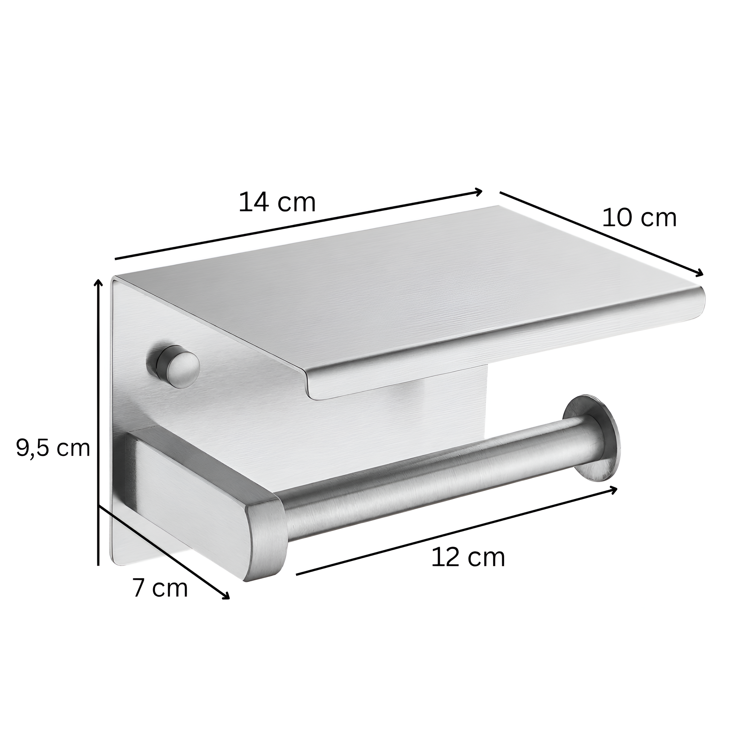 Metalowy uchwyt na papier toaletowy z półką w kolorze srebrnym szczotkowanym, z wymiarami: 14 cm szerokości, 10 cm głębokości, 9,5 cm wysokości i 12 cm długości uchwytu. Widoczne są również wymiary 7 cm dla podstawy.