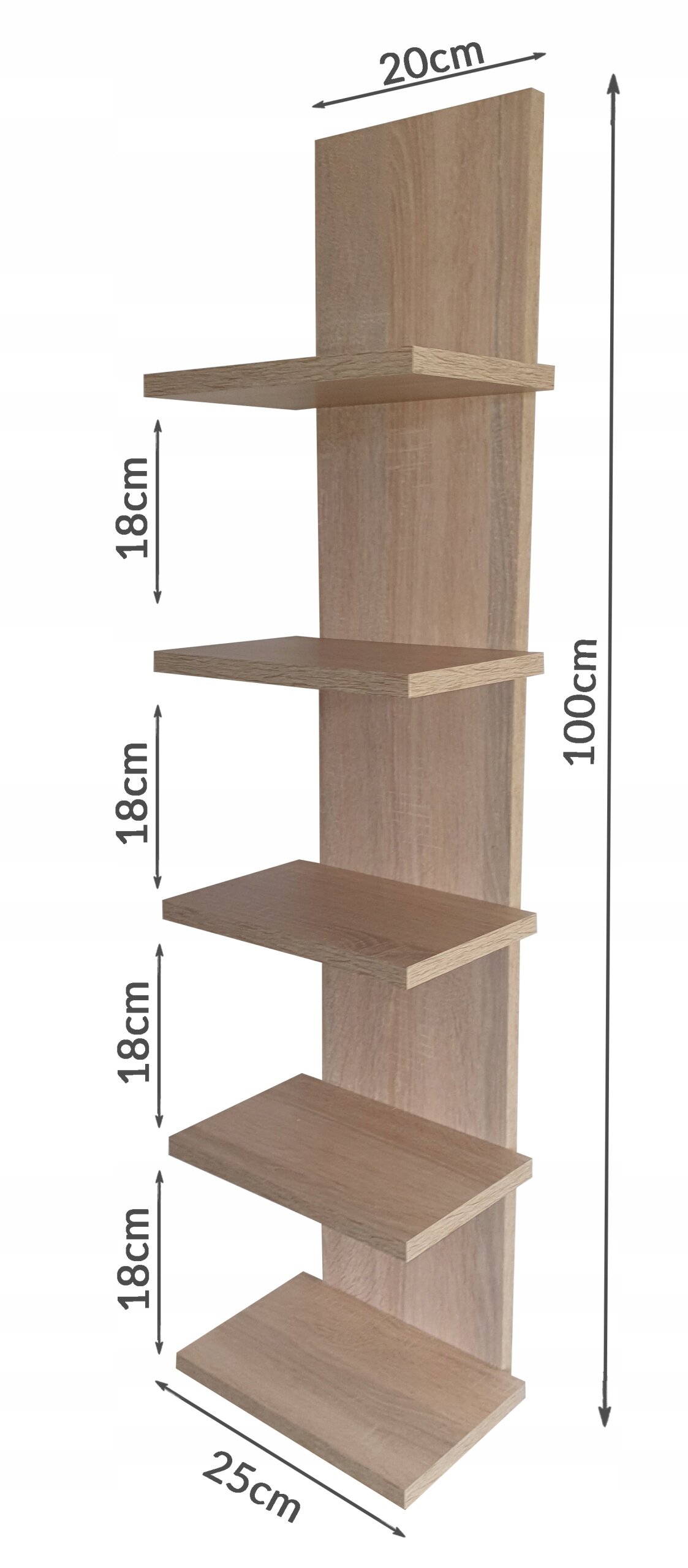 Regał z pięcioma półkami w kolorze dąb sonoma, o wymiarach 100 cm wysokości, 25 cm szerokości i 20 cm głębokości. Odległość między półkami wynosi 18 cm.
