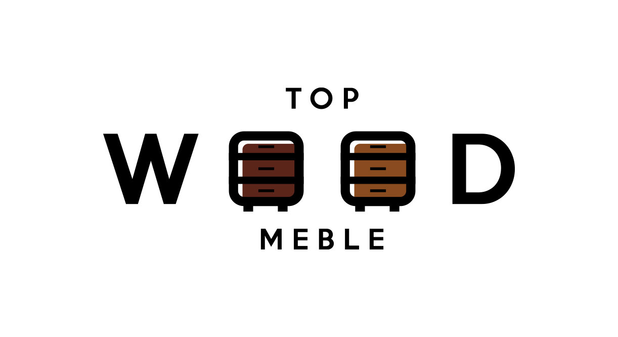 Logo z napisem \'TOP WOOD MEBLE\', gdzie litery \'O\' są zastąpione ikonami szafek z szufladami w różnych odcieniach brązu.