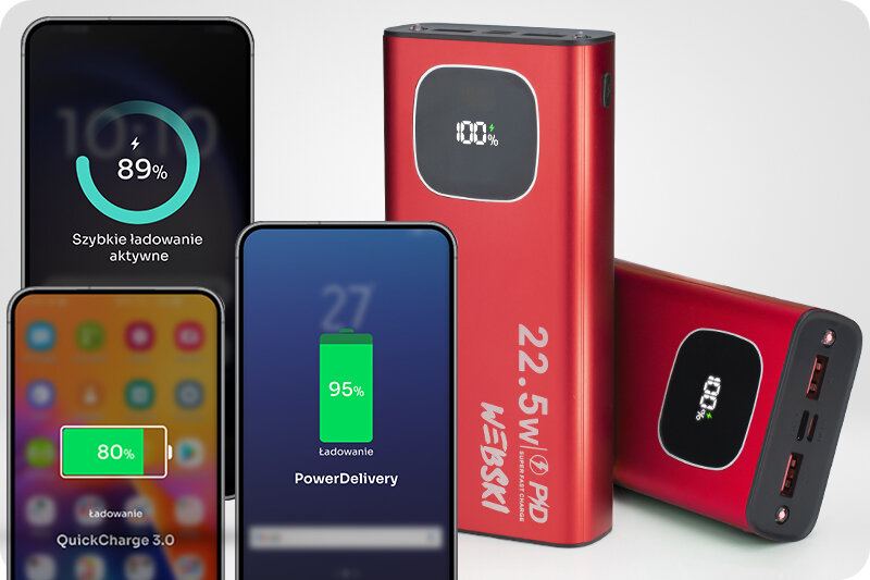 Na obrazie widoczny jest czerwony powerbank z wyświetlaczem pokazującym 100% naładowania oraz kilka smartfonów z różnymi poziomami naładowania baterii. Na powerbanku znajduje się napis \'22.5W PD WEBSKI\'.