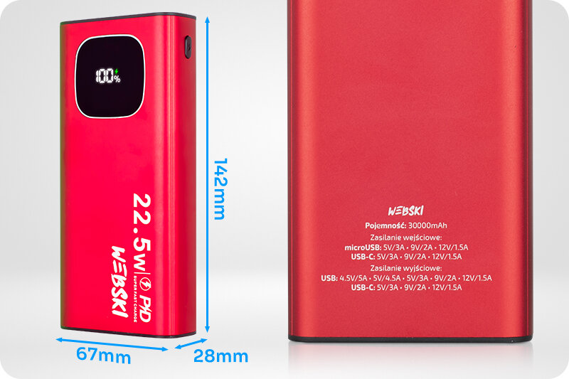 Czerwony powerbank z wyświetlaczem pokazującym 100% naładowania, oznaczony jako 22.5W PD WEBSKI. Na odwrocie widoczna specyfikacja: Pojemność 30000mAh, zasilanie wejściowe microUSB i USB-C, zasilanie wyjściowe USB i USB-C.