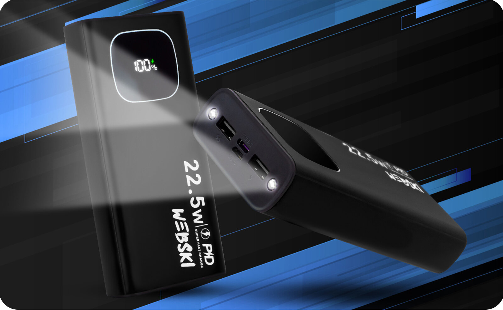 Czarny powerbank z wyświetlaczem pokazującym 100% naładowania, posiada dwa porty USB i jeden port USB-C. Na obudowie widoczny jest napis \'22.5W WEBSKI PD\'.