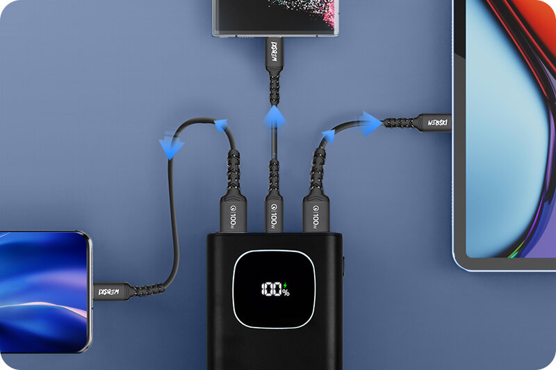 Czarny powerbank z wyświetlaczem pokazującym 100% naładowania, podłączony do czterech urządzeń za pomocą kabli z oznaczeniem \'100W\'.