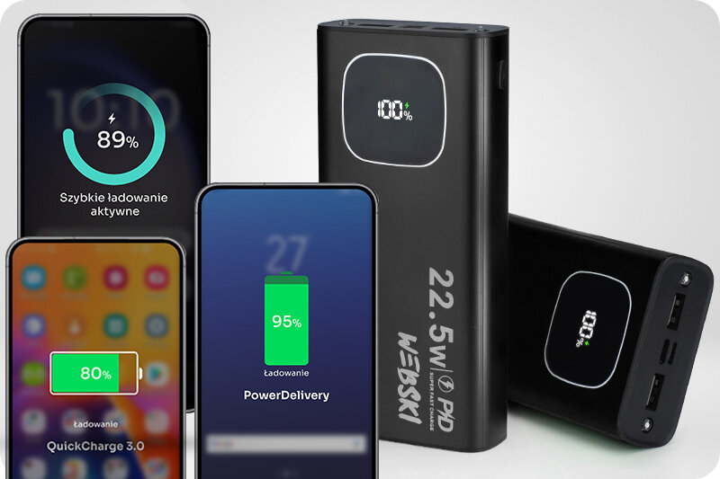 Na obrazie widoczny jest czarny powerbank z wyświetlaczem pokazującym 100% naładowania oraz napisem \'22.5W PD\'. Obok znajdują się trzy smartfony z różnymi poziomami naładowania baterii: 89%, 80% i 95%, z napisami \'Szybkie ładowanie aktywne\', \'QuickCharge 3.0\' i \'PowerDelivery\'.