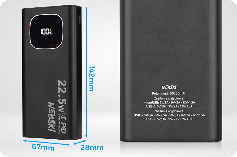 Czarny powerbank z wyświetlaczem pokazującym 100% naładowania oraz napisami \'22.5W\' i \'WEBSKI\'. Na odwrocie widoczna jest specyfikacja techniczna dotycząca pojemności 30000mAh i parametrów zasilania dla microUSB i USB-C.
