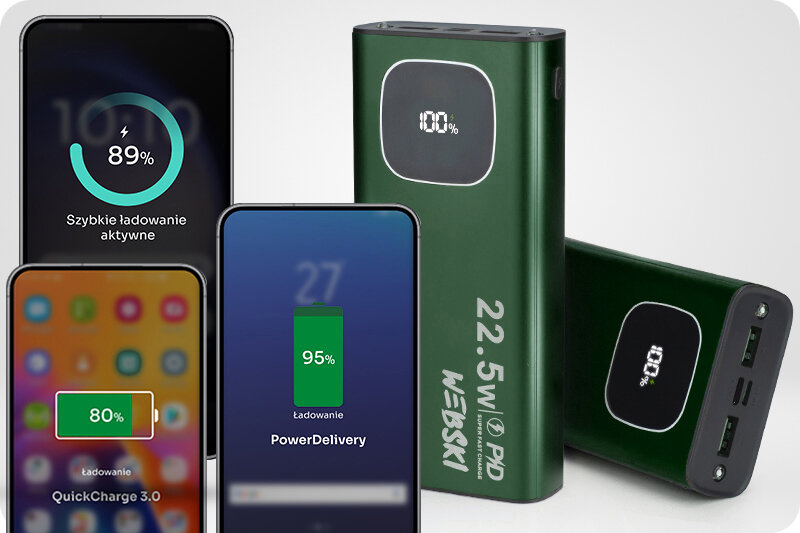 Na obrazie widoczny jest zielony powerbank z wyświetlaczem pokazującym 100% naładowania oraz napisem \'22.5W PD WEBSKI\'. Obok znajdują się trzy smartfony z różnymi poziomami naładowania baterii: 89%, 80% i 95%, z informacjami o szybkim ładowaniu i PowerDelivery.