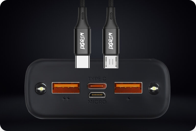 Czarny panel z dwoma portami USB, portem Type C i portem Micro, z dwoma podłączonymi kablami z napisem \'WEBSKI\'.