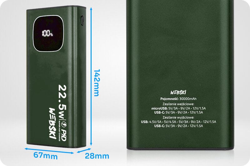 Zielony powerbank z wyświetlaczem pokazującym 100% naładowania, o wymiarach 142mm x 67mm x 28mm. Na obudowie widoczne są napisy: \'22.5W PD WEBSKI\' oraz specyfikacja techniczna dotycząca pojemności i zasilania.