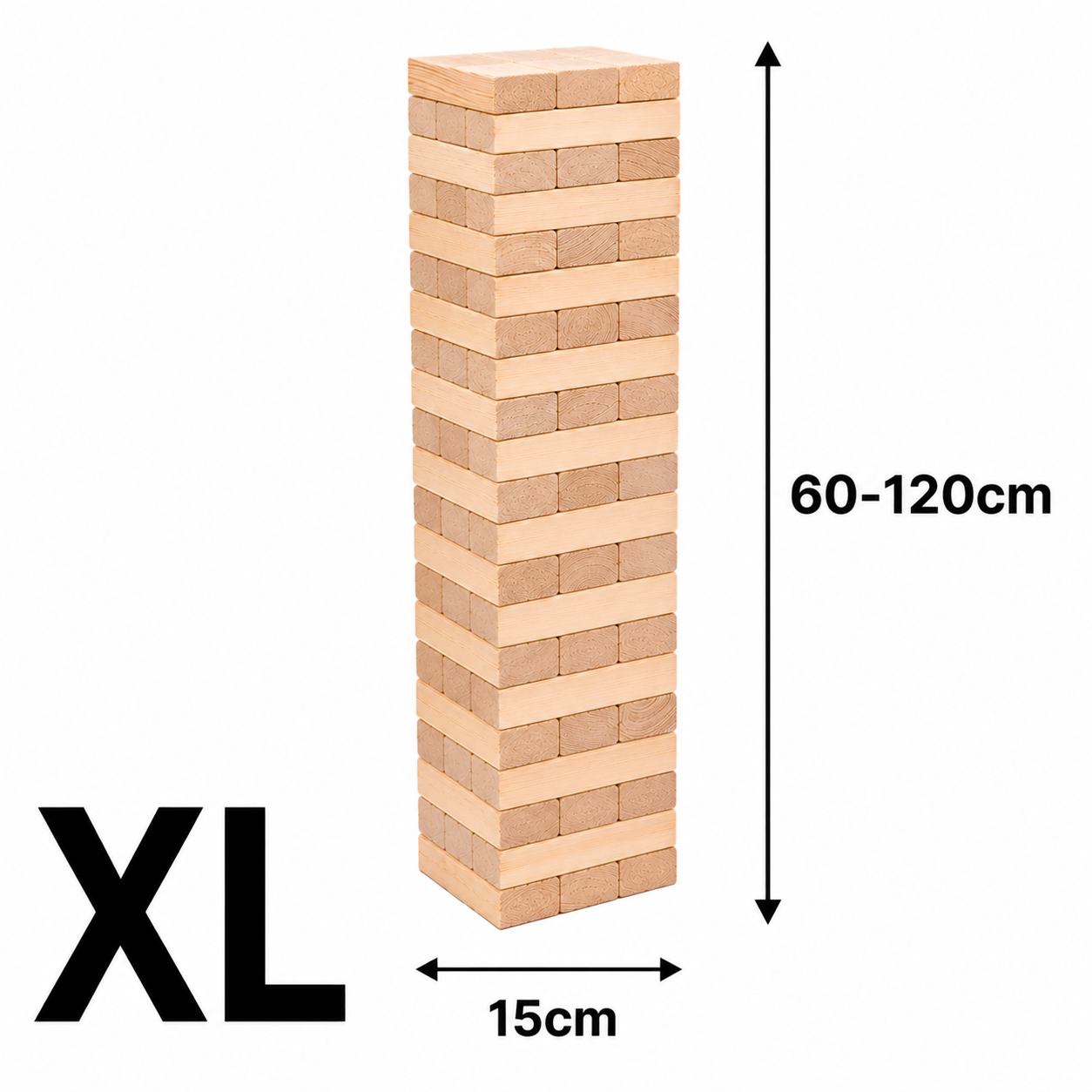 Drewniana wieża złożona z prostokątnych klocków, z oznaczeniami wymiarów 60-120 cm wysokości i 15 cm szerokości. Widoczny napis \'XL\'.