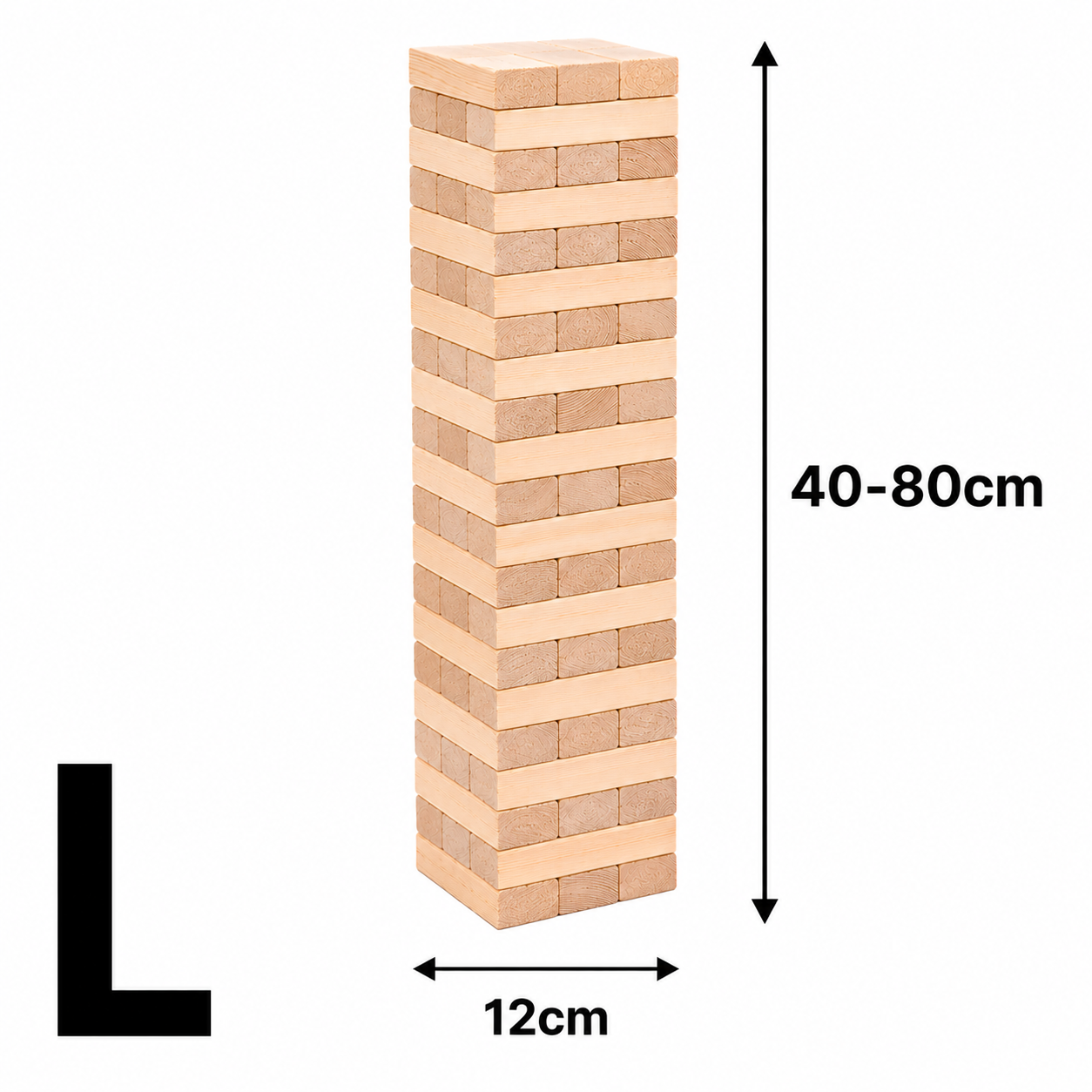 Drewniana wieża złożona z prostokątnych klocków, z oznaczeniami wymiarów 40-80 cm wysokości i 12 cm szerokości. Widoczna jest duża litera \'L\'.