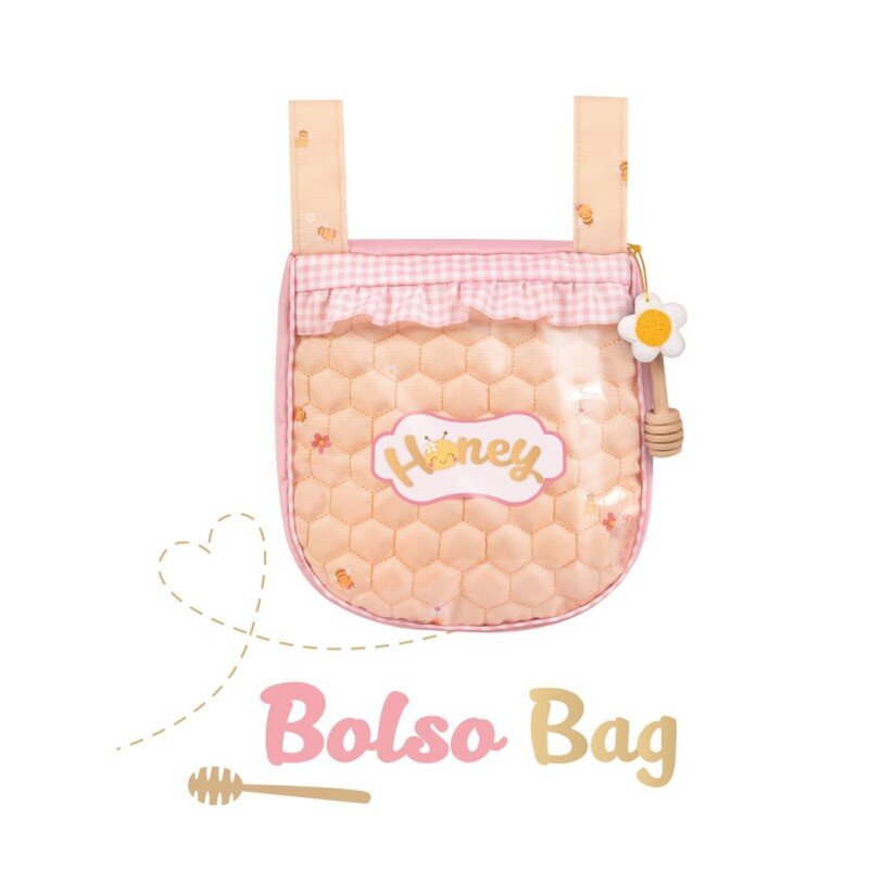 Torba w kolorze różowym z wzorem plastra miodu i napisem \'Honey\'. Na dole widoczny jest tekst \'Bolso Bag\'.