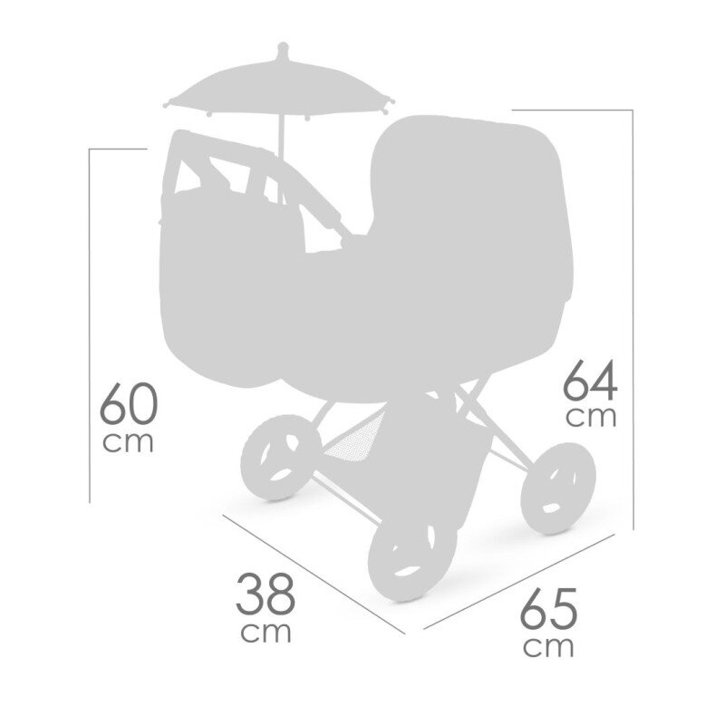Obraz przedstawia zarys wózka dziecięcego z parasolką, z wymiarami: wysokość 60 cm, szerokość 38 cm, długość 65 cm, oraz wysokość siedziska 64 cm.