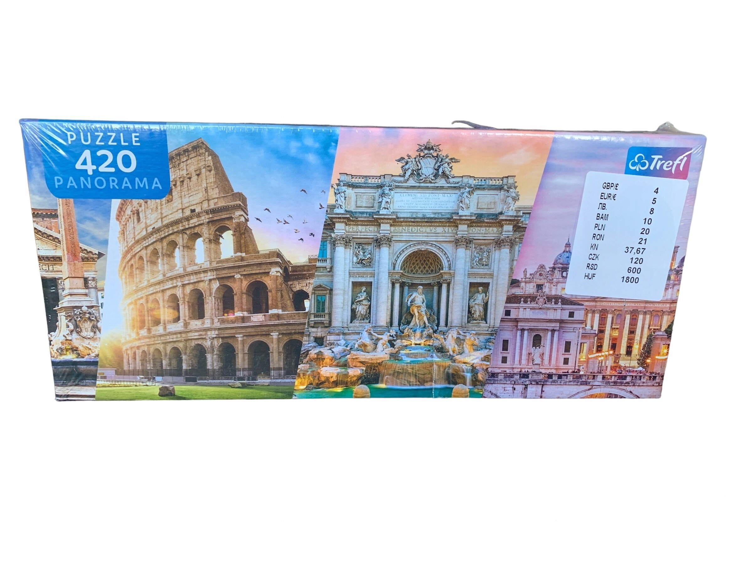 Opakowanie puzzli z widokiem na włoskie zabytki, z napisem \'PUZZLE 420 PANORAMA\' oraz logo \'Trefl\'.