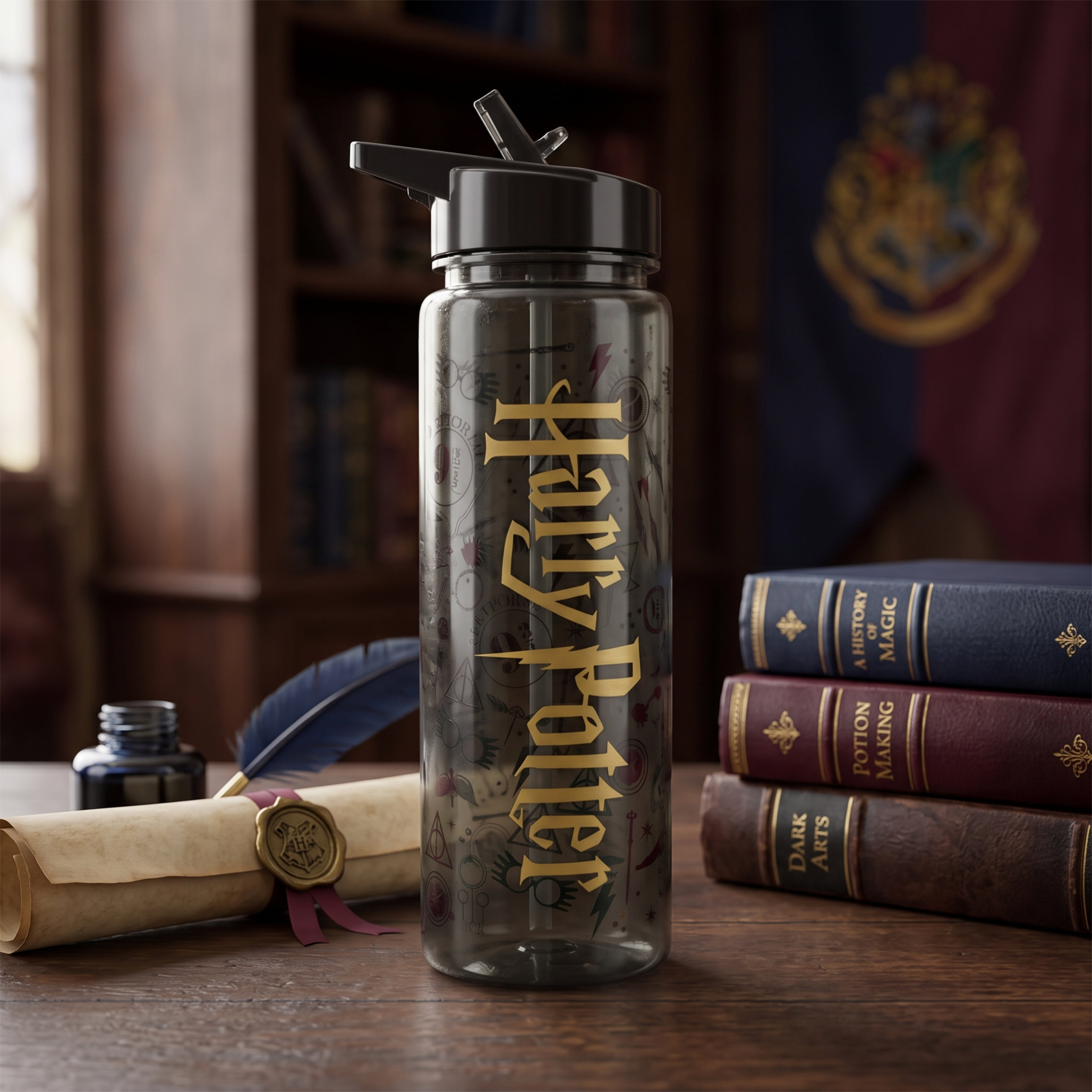 Przezroczysta butelka na wodę z czarną pokrywką i słomką, z napisem \'Harry Potter\' w złotym kolorze. W tle widoczne są książki i zwój papieru na drewnianym stole.