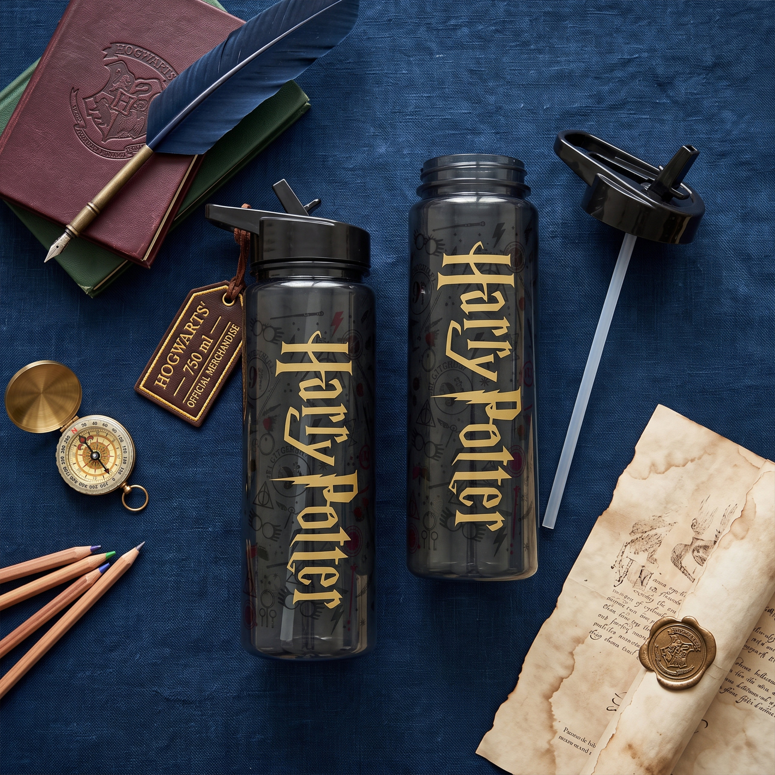Na ciemnoniebieskim tle znajdują się dwie czarne butelki z napisem \'Harry Potter\' w złotym kolorze. Obok leżą książki, pióro, kompas, ołówek i zwinięty pergamin z pieczęcią.