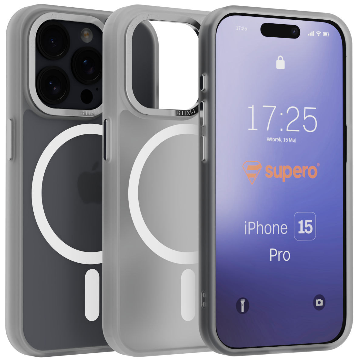 Obraz przedstawia trzy etui do iPhone 15 Pro, z matowym wykończeniem i magnetycznym pierścieniem do MagSafe. Na ekranie telefonu widoczny jest tekst: \'17:25, Wtorek, 15 Maj, supero, iPhone 15 Pro\'.