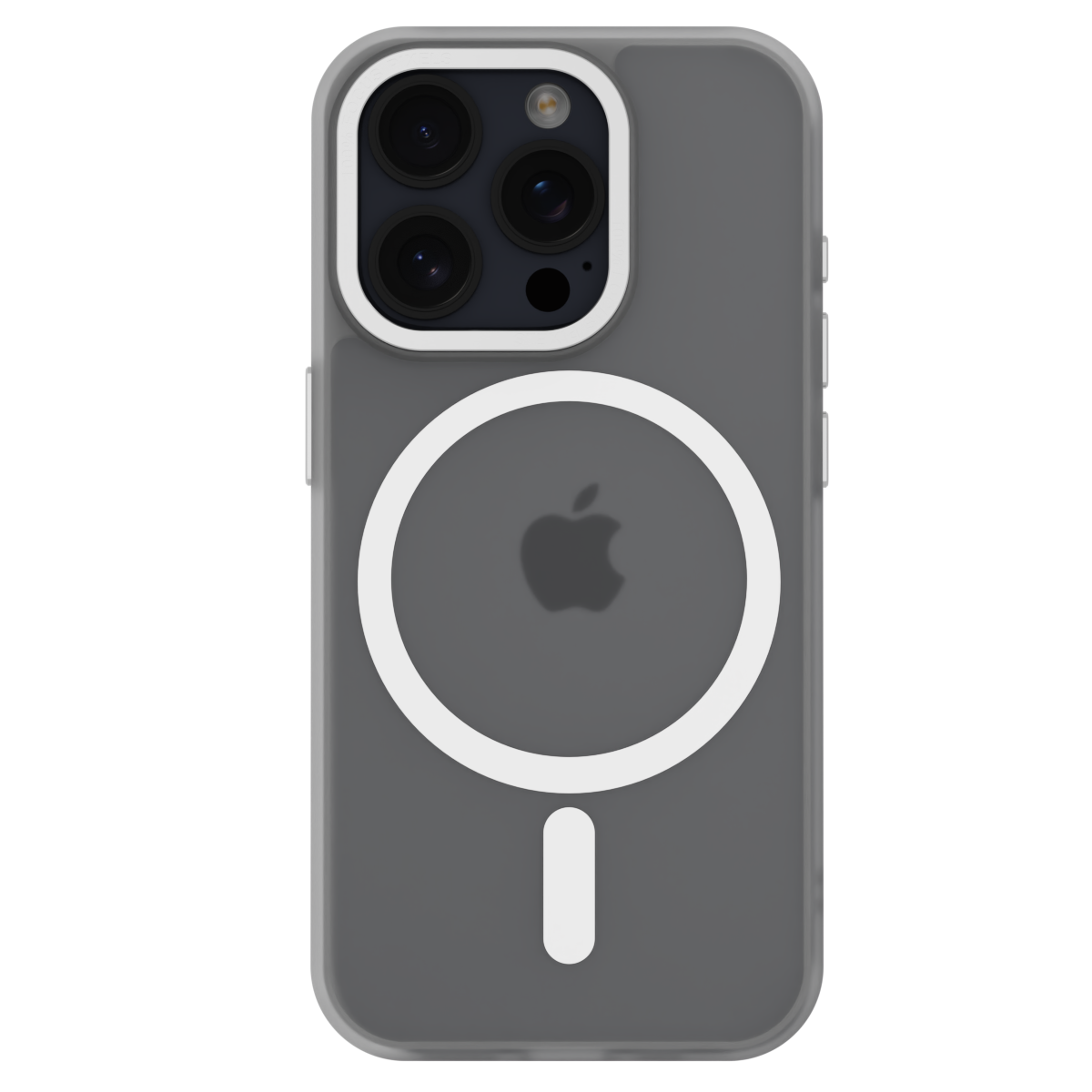 Szare, matowe etui ochronne na telefon z widocznym logo jabłka i białym okręgiem wskazującym na kompatybilność z MagSafe. Etui jest dopasowane do modelu telefonu z trzema obiektywami aparatu.