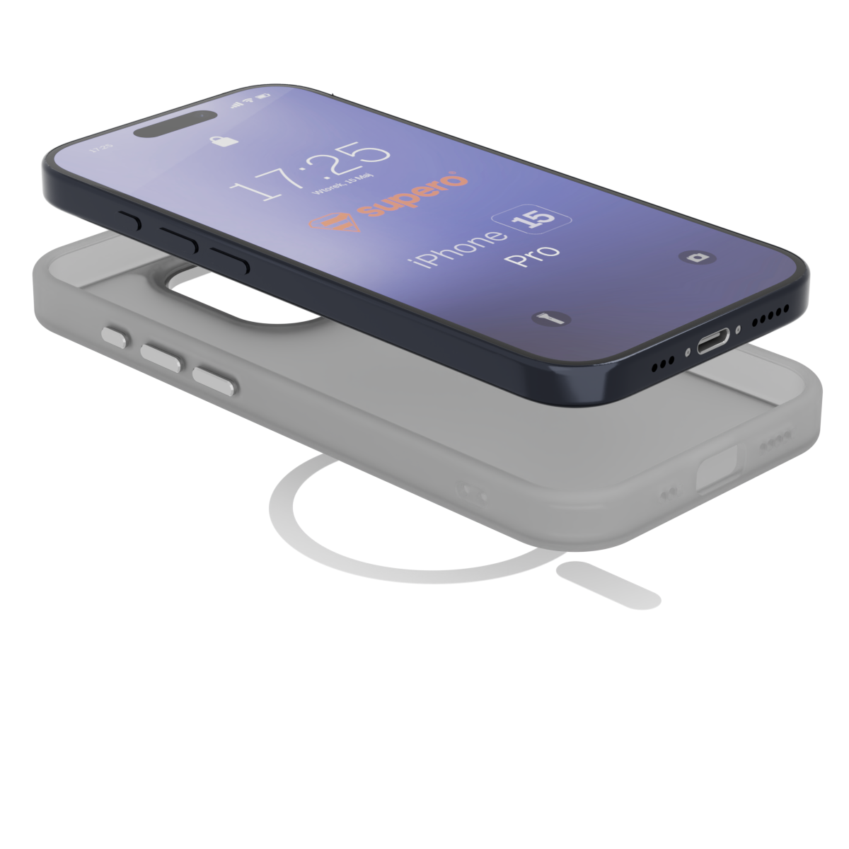 Obraz przedstawia telefon iPhone 15 Pro unoszący się nad matowym, ochronnym etui z funkcją magnetyczną do MagSafe. Na ekranie telefonu widoczny jest czas 17:25 oraz logo \'supero\'.