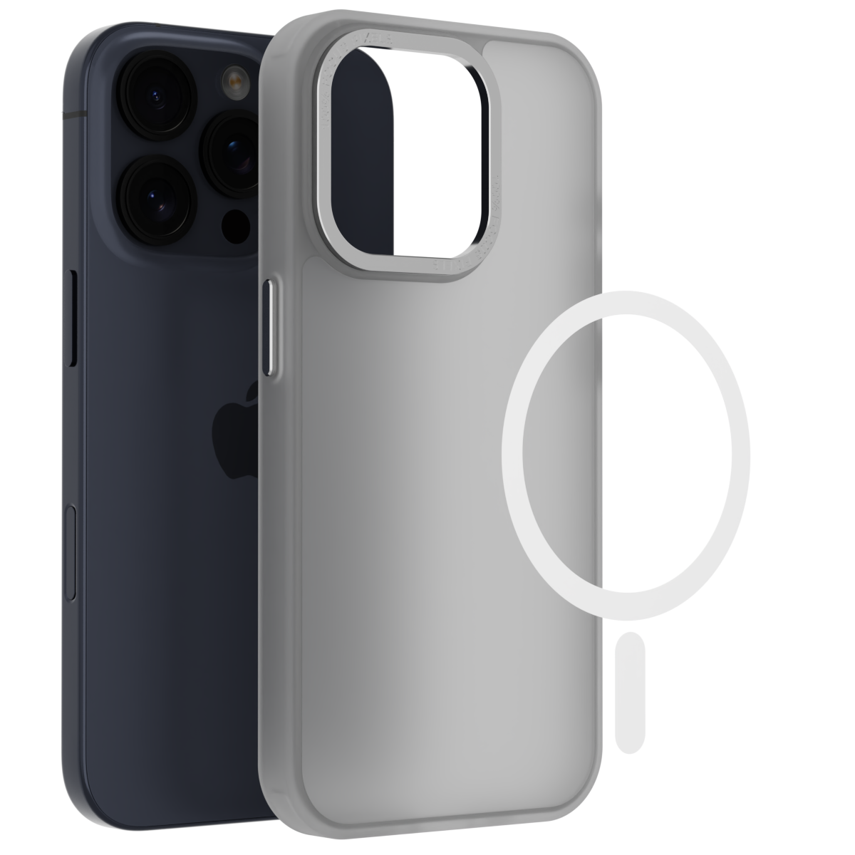 Na obrazie widoczne jest matowe, ochronne etui na telefon z dużym otworem na aparat oraz okrągłym symbolem wskazującym na kompatybilność z MagSafe. W tle znajduje się telefon z trzema obiektywami aparatu.