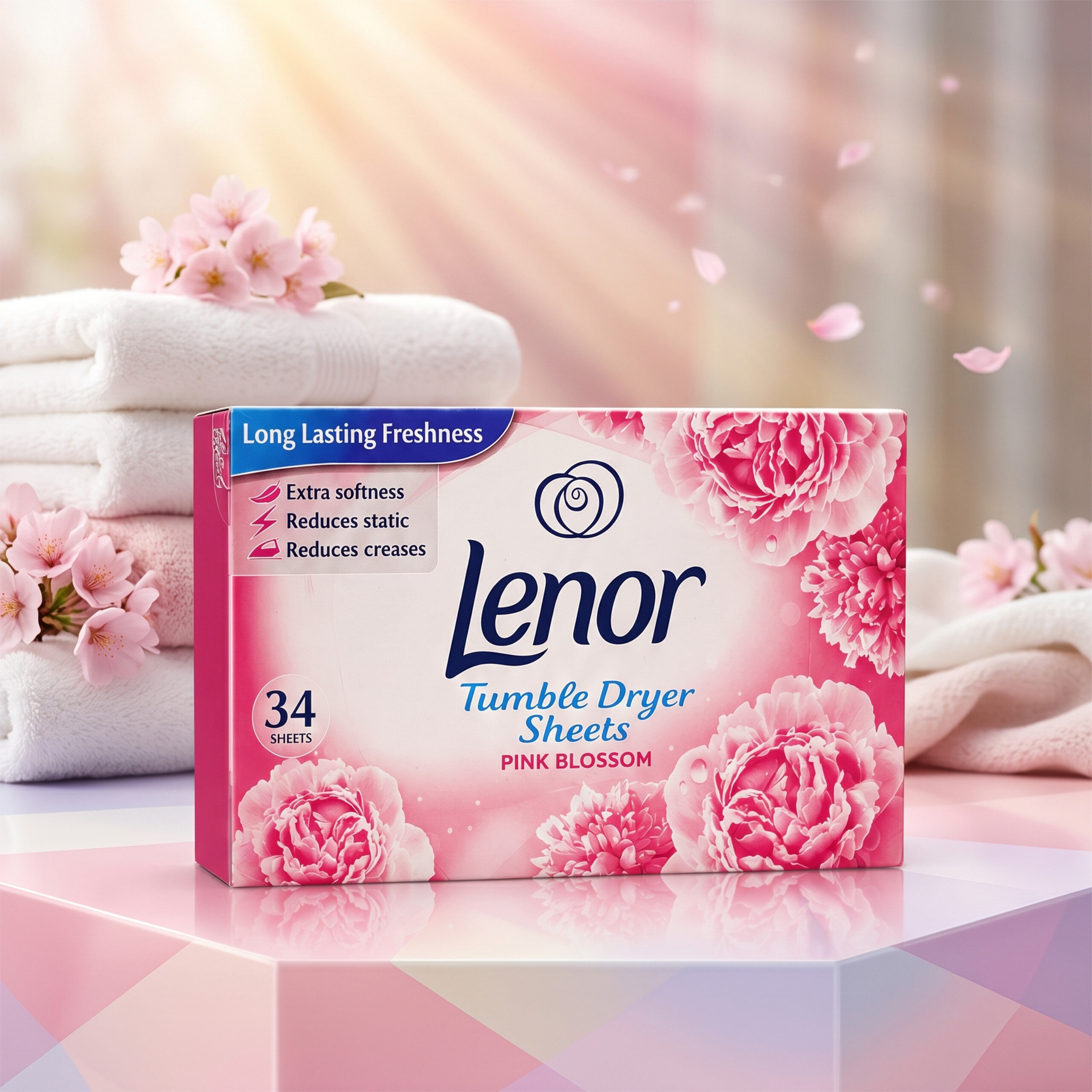 Opakowanie chusteczek do suszarki Lenor Tumble Dryer Sheets Pink Blossom z widocznymi różowymi kwiatami i tekstem: \'Long Lasting Freshness\', \'Extra softness\', \'Reduces static\', \'Reduces creases\'. W tle znajdują się złożone ręczniki i kwiaty.