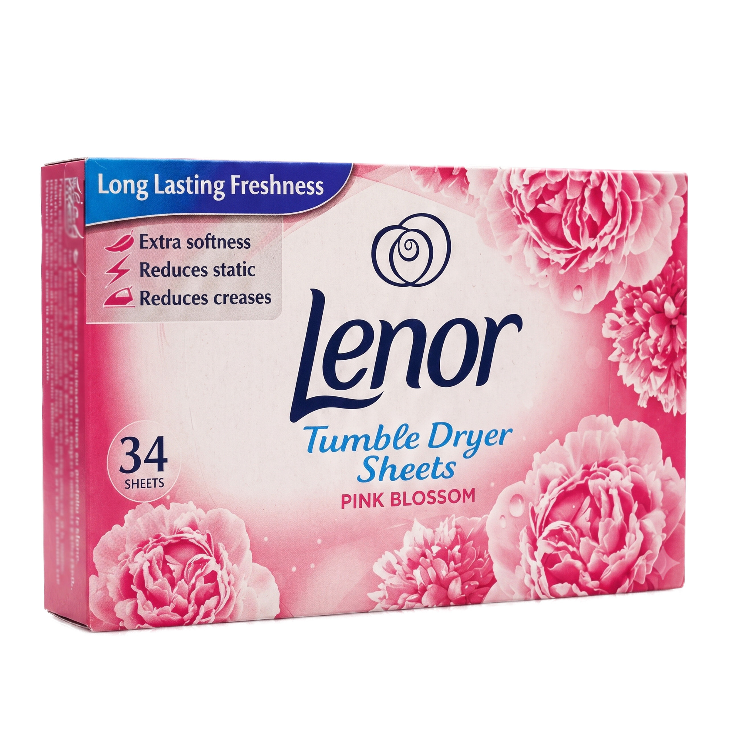 Opakowanie chusteczek do suszarki Lenor Pink Blossom z motywem różowych kwiatów i napisem \'Long Lasting Freshness\'. Zawiera informacje: \'Extra softness\', \'Reduces static\', \'Reduces creases\', oraz \'34 sheets\'.
