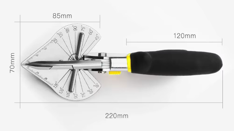 Na obrazie widoczne są nożyce do cięcia pod kątem z miarką kątową, czarną rączką i oznaczeniami wymiarów: 85mm, 70mm, 120mm, 220mm.