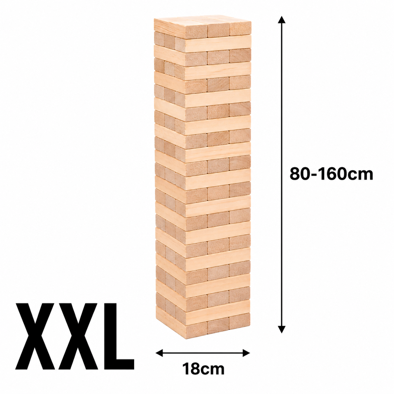 Na obrazie widoczna jest drewniana wieża złożona z prostokątnych klocków. Obok wieży znajdują się oznaczenia \'80-160cm\', \'18cm\' oraz \'XXL\'.