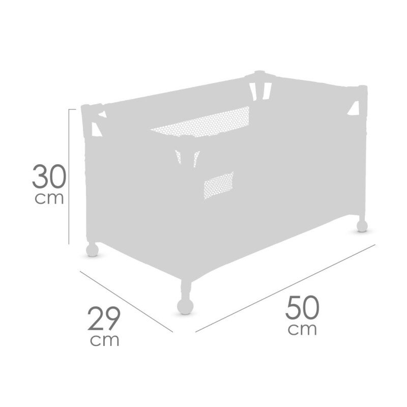 Obraz przedstawia zarys łóżeczka dla lalek z wymiarami: 30 cm wysokości, 29 cm szerokości i 50 cm długości.