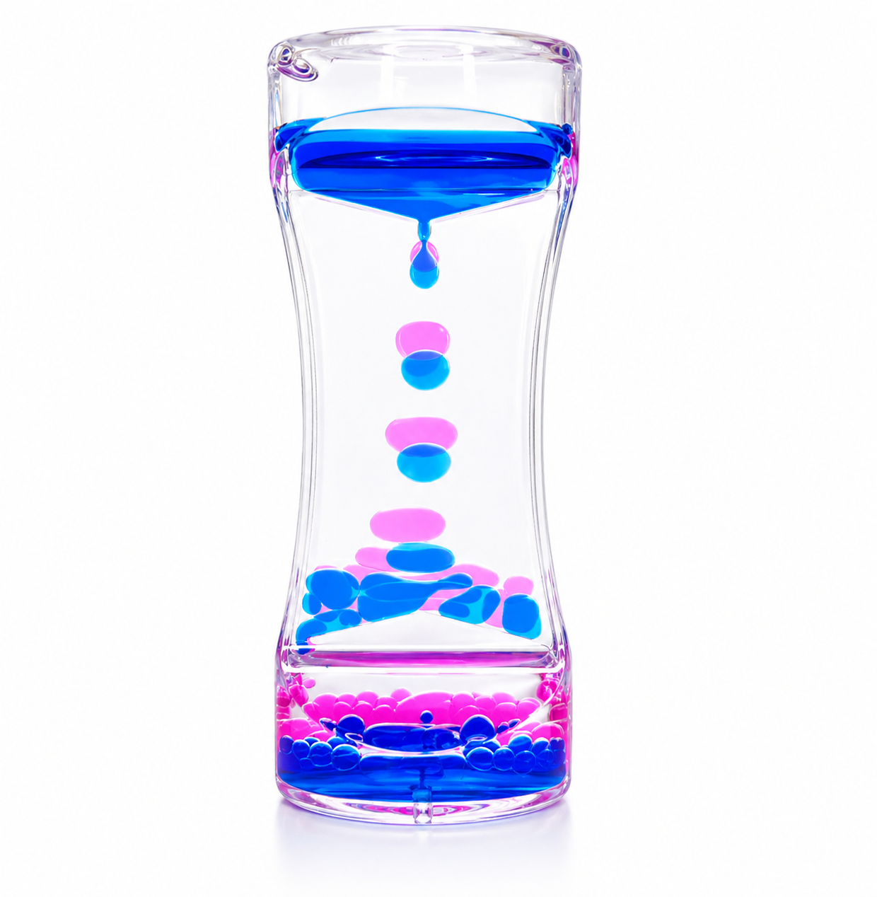 Przezroczysta klepsydra wypełniona niebieskim i różowym płynem, który tworzy krople spadające w dół. Płyn układa się w dolnej części klepsydry, tworząc kolorowe wzory.