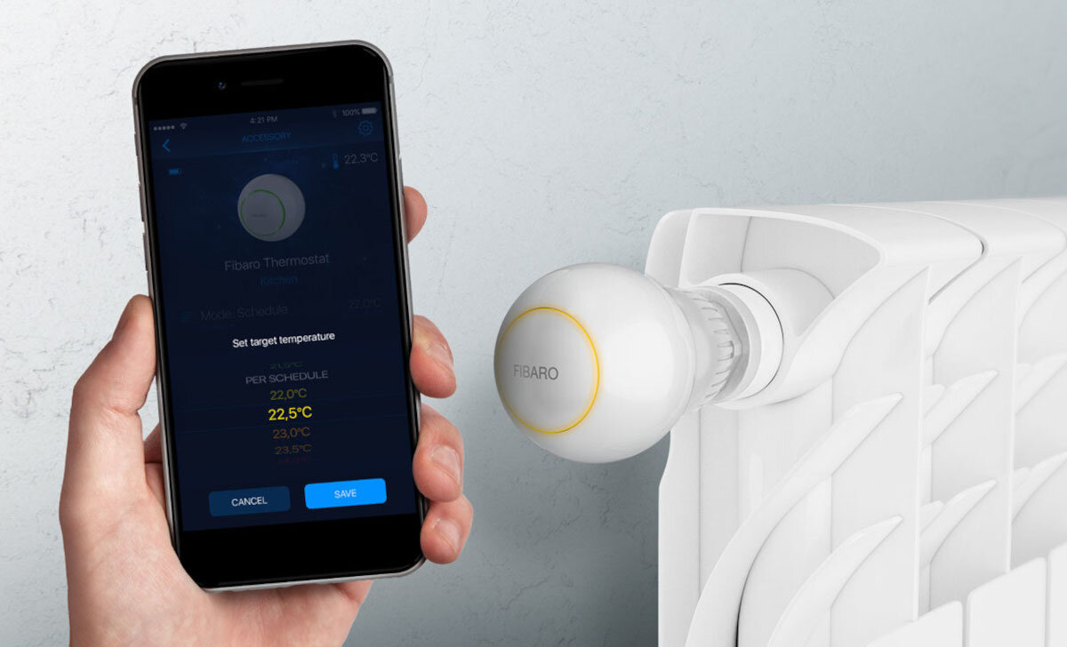 Głowica termostatyczna FIBARO system sterowanie manualnie zdalnie mobilnie