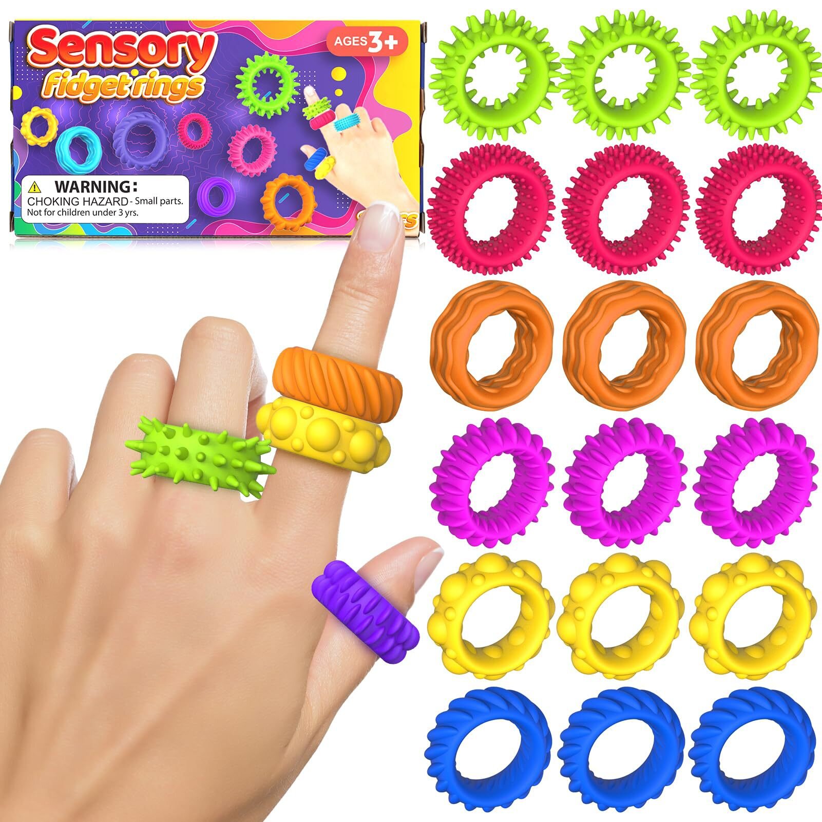 Obraz przedstawia zestaw kolorowych sensorycznych pierścionków z różnymi fakturami. Na opakowaniu widnieje napis \'Sensory fidget rings\' oraz ostrzeżenie: \'WARNING: CHOKING HAZARD - Small parts. Not for children under 3 yrs.\'