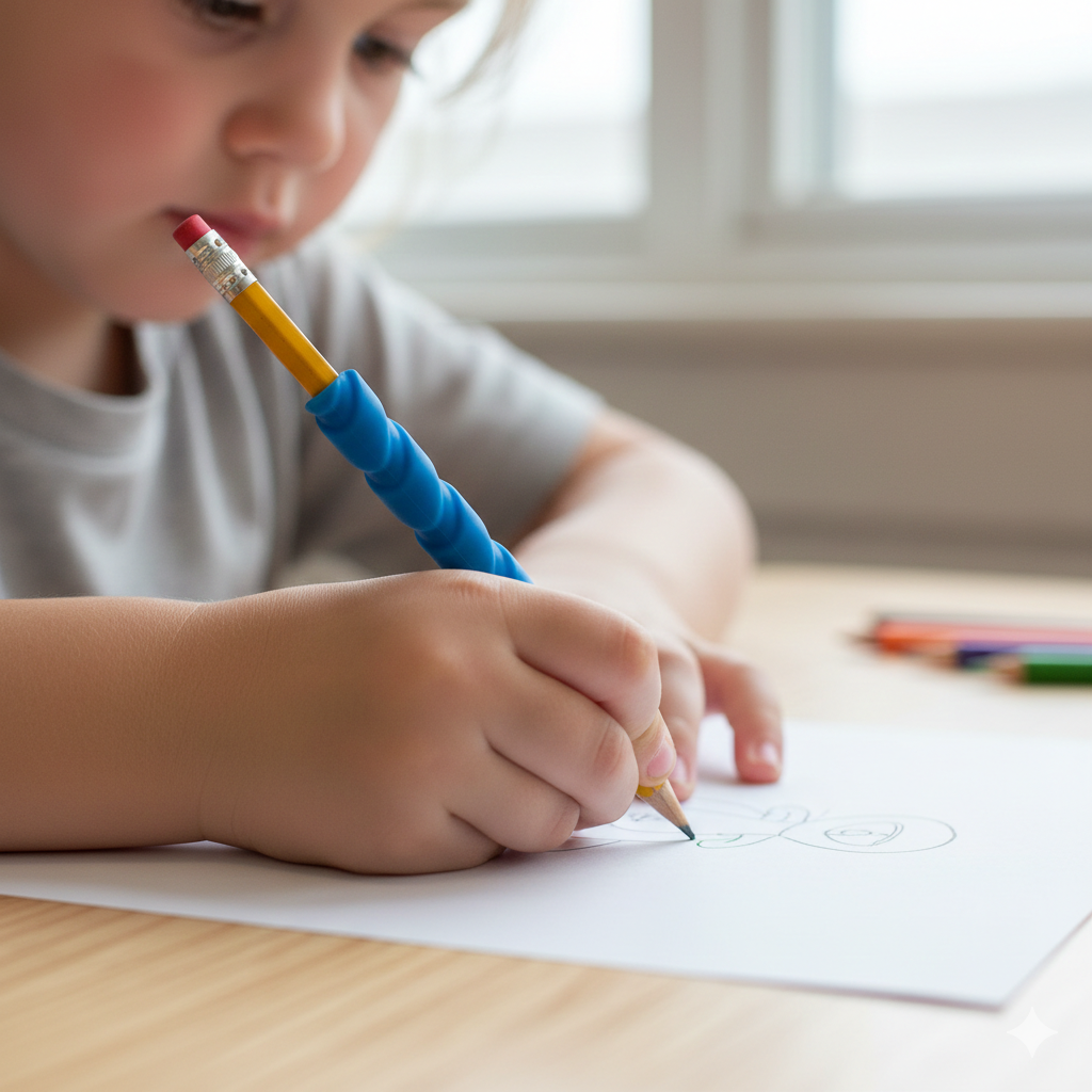 Dziecko rysuje na kartce papieru, trzymając ołówek z niebieską nakładką sensoryczną. W tle widać kilka kolorowych kredek na stole.