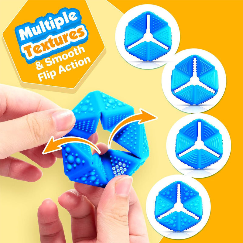 Na obrazie widoczne są niebieskie sensoryczne kostki z różnymi fakturami, trzymane w dłoniach. W tle znajduje się napis \'Multiple Textures & Smooth Flip Action\'.
