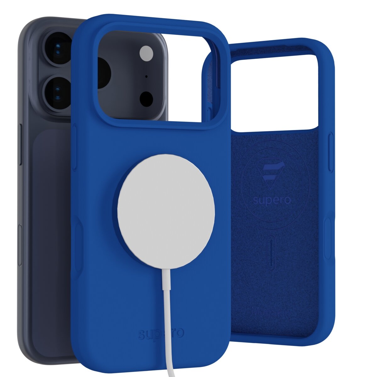 Na obrazie widoczne są dwa niebieskie etui silikonowe do telefonu z okrągłym elementem MagSafe. Wewnątrz jednego z etui znajduje się logo \'supero\'.