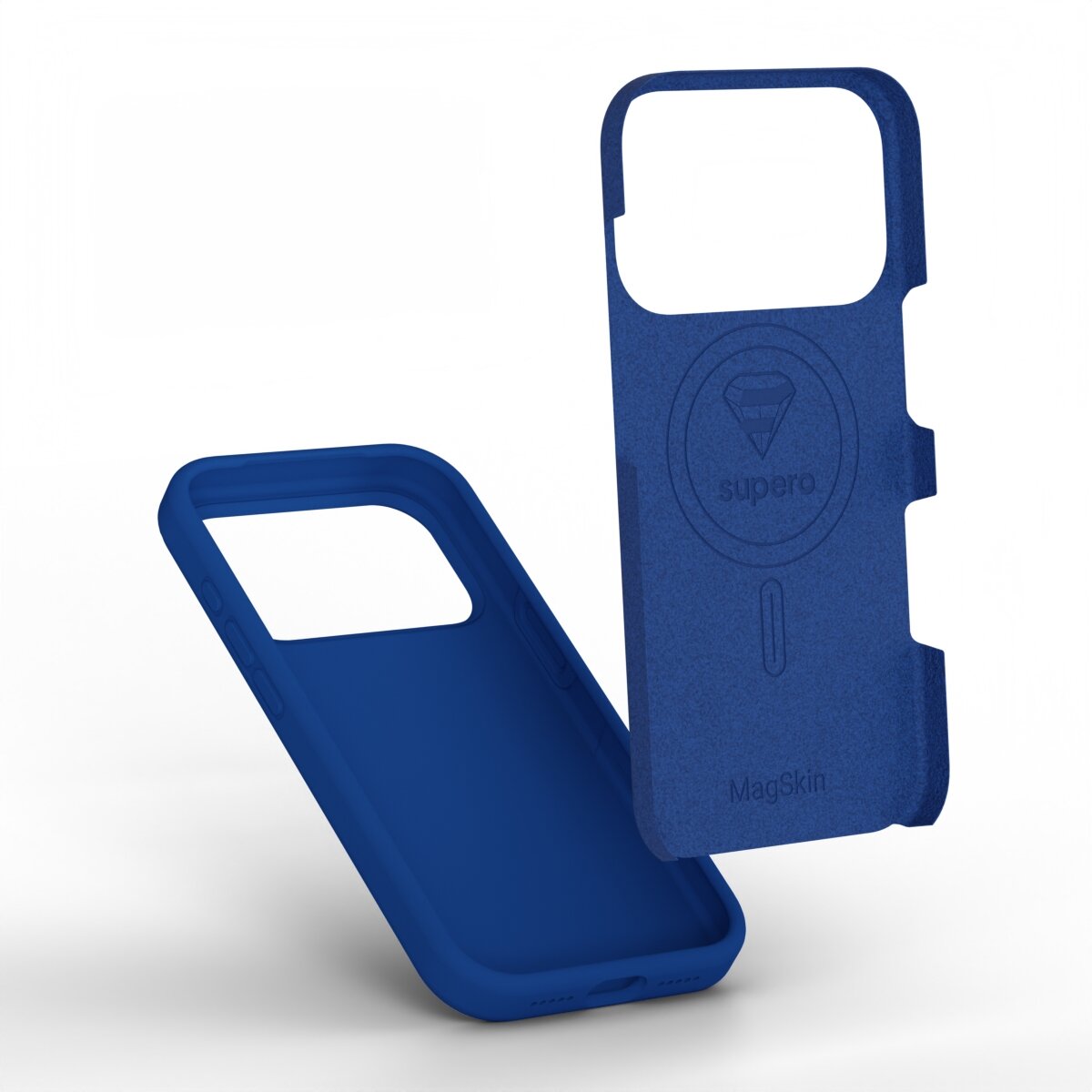 Na obrazie widoczne są dwa niebieskie etui silikonowe do telefonu, jedno z nich ma wycięcie na aparat. Na jednym z etui znajduje się napis \'supero\' oraz \'MagSkin\'.
