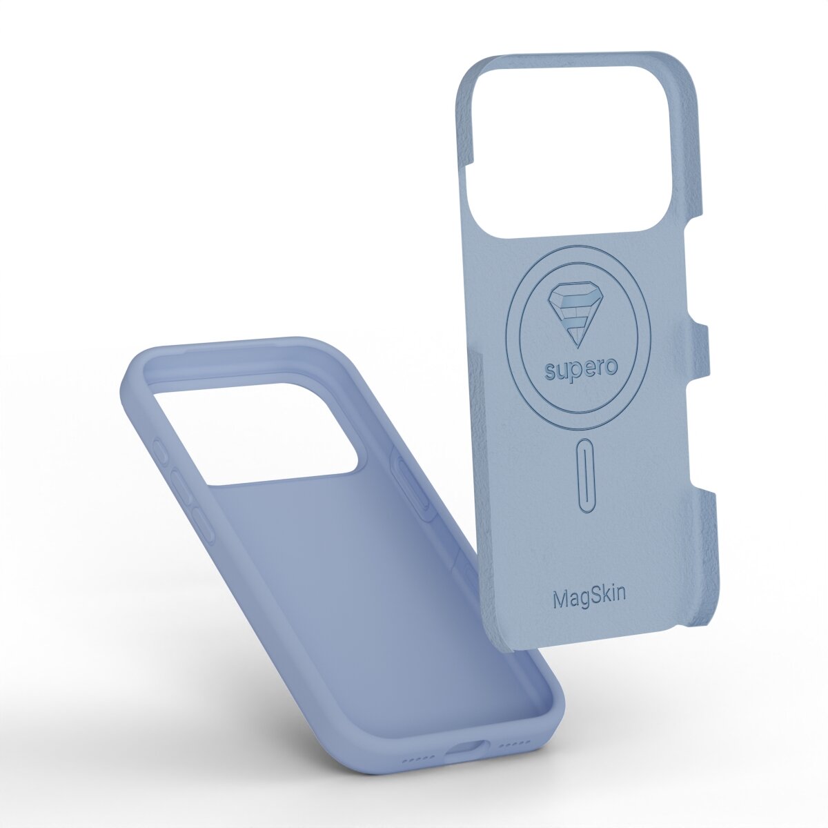 Na obrazie widoczne są dwa silikonowe etui w kolorze jasnoniebieskim, przeznaczone do iPhone 18 Pro / 17 Pro. Na jednym z etui znajduje się logo z napisem \'supero\' oraz tekst \'MagSkin\'.