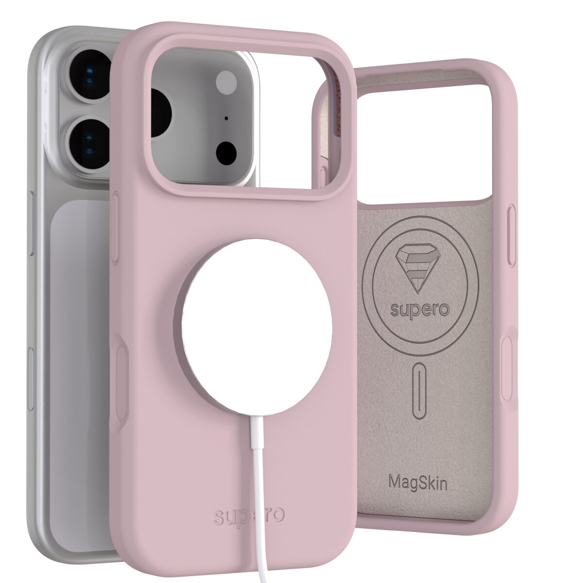 Na obrazie widoczne są trzy różowe etui silikonowe do telefonu z okrągłym wycięciem na MagSafe. Na jednym z etui znajduje się logo \'supero\' oraz napis \'MagSkin\'.