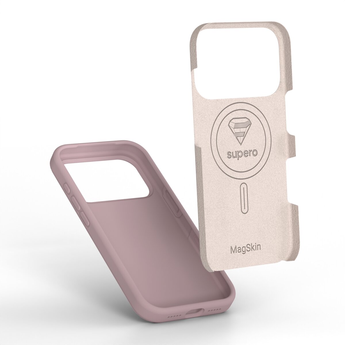 Na obrazie widoczne są dwa etui do telefonu, jedno w kolorze różowym, a drugie w kolorze beżowym z napisem \'supero\' i \'MagSkin\'.