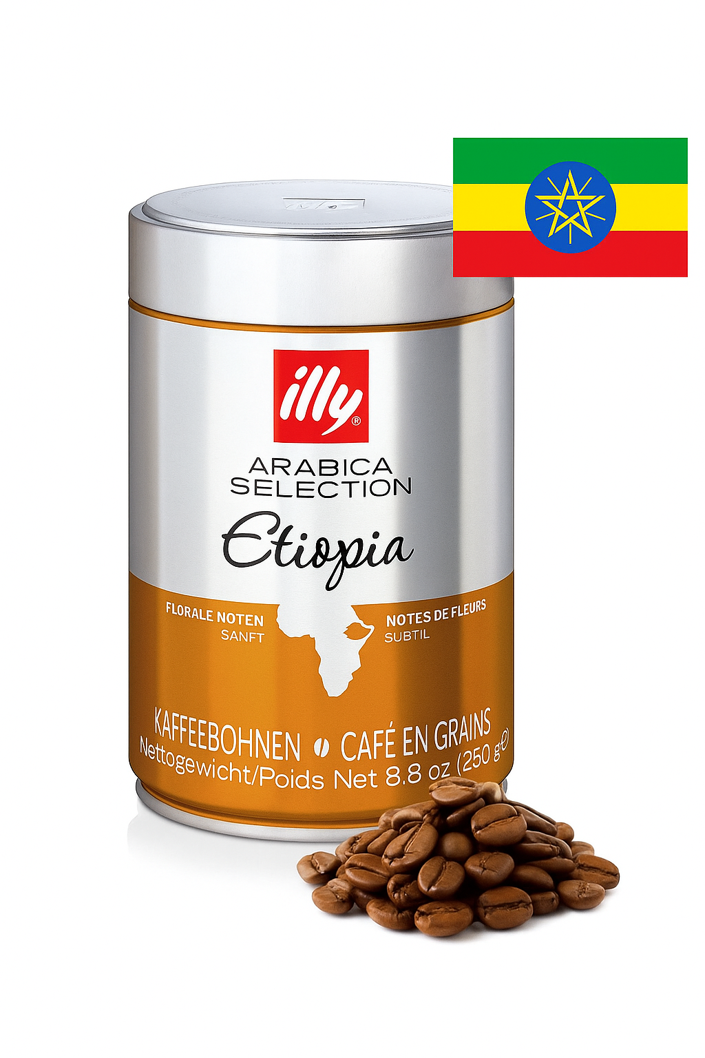 Puszka kawy Illy Arabica Selection Etiopia o pojemności 250 g z widocznym logo \'illy\' na górze. Obok puszki znajduje się stos ziaren kawy, a w rogu widoczna jest flaga Etiopii.